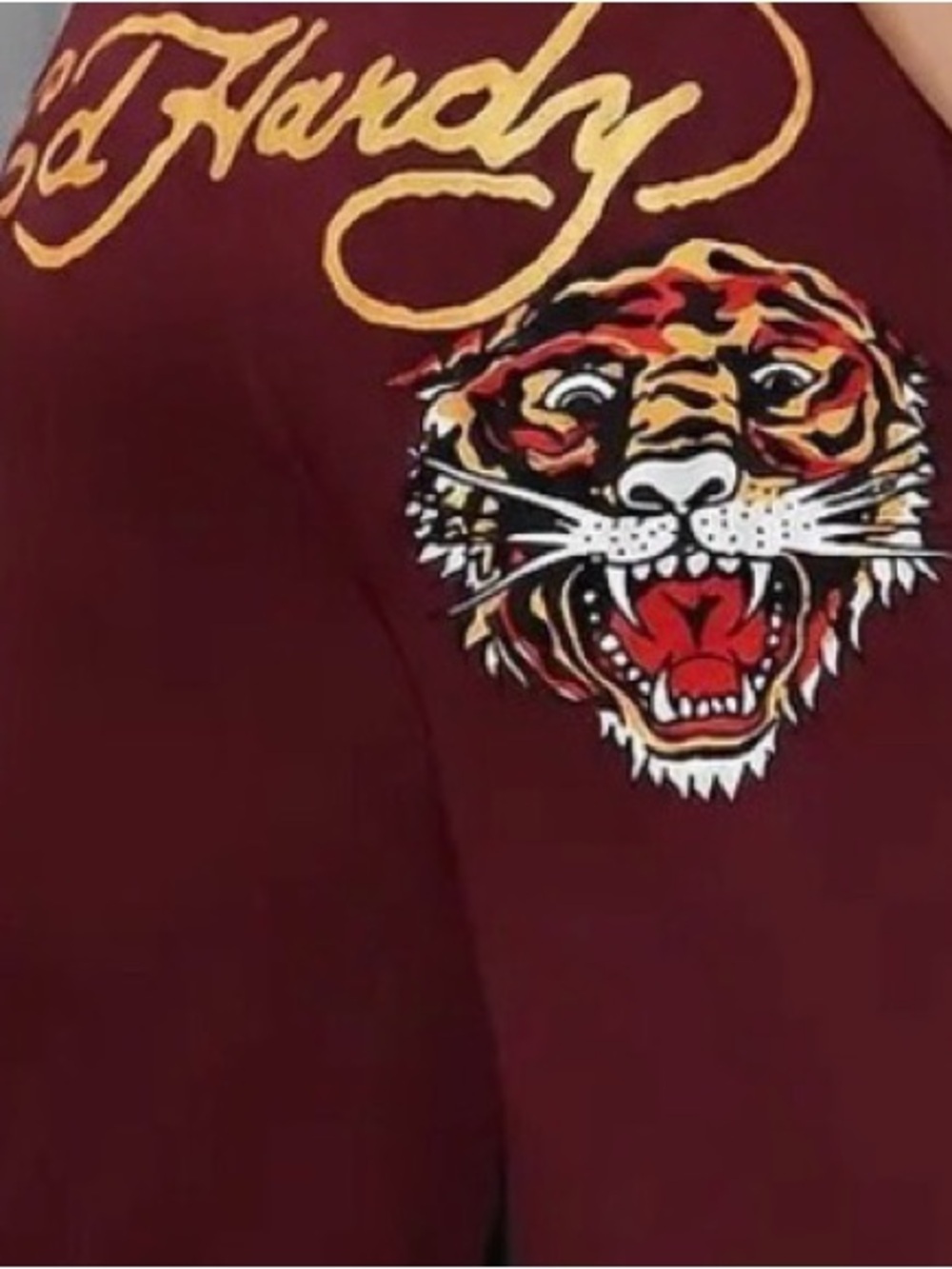 Ed Hardy Maroon Track Pants with Tiger Graphic and Gold Script